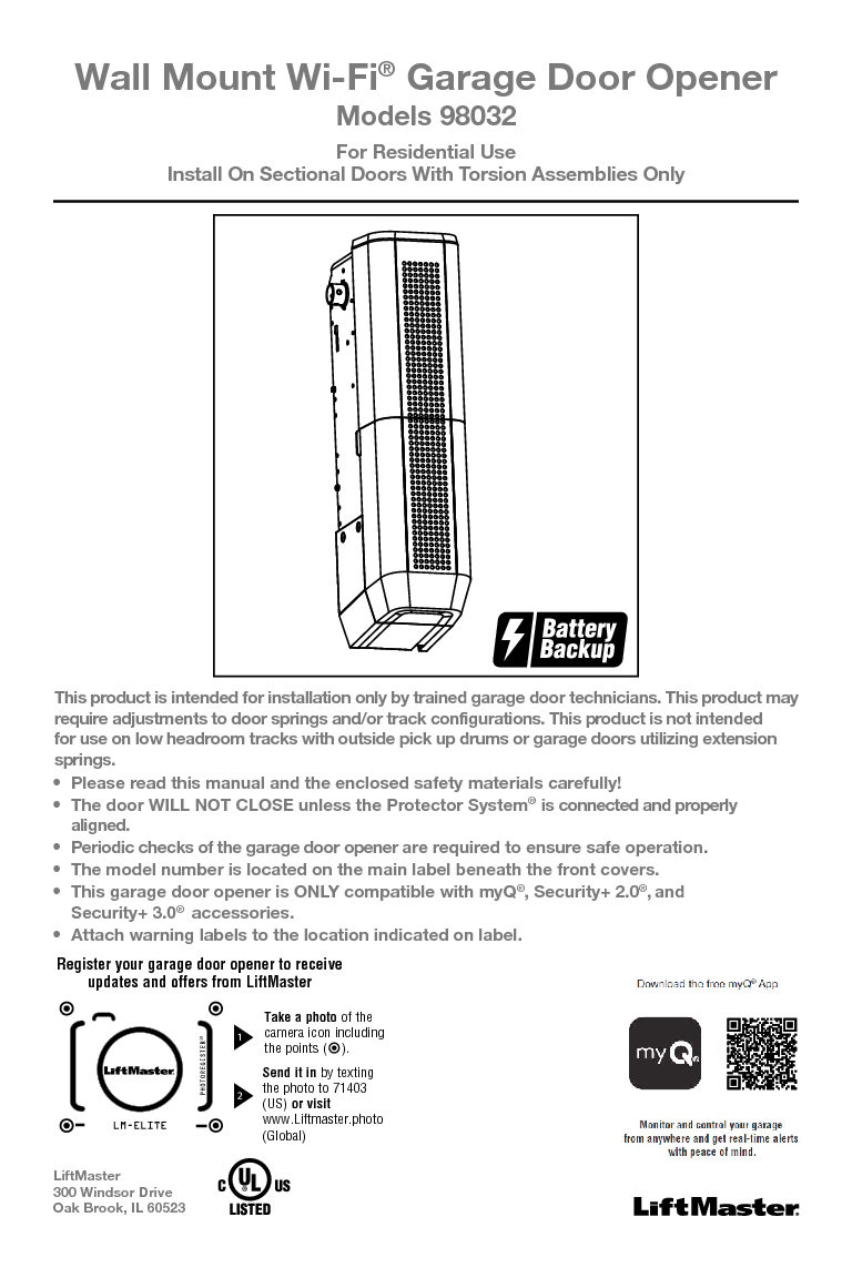 LiftMaster Model 98032 Wall Mount Garage Door Opener Installation Manual English French Spanish pdf